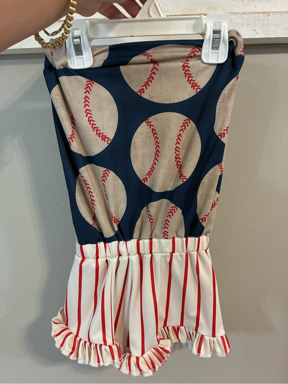Girls Navy & White Baseball Print One-Piece Romper